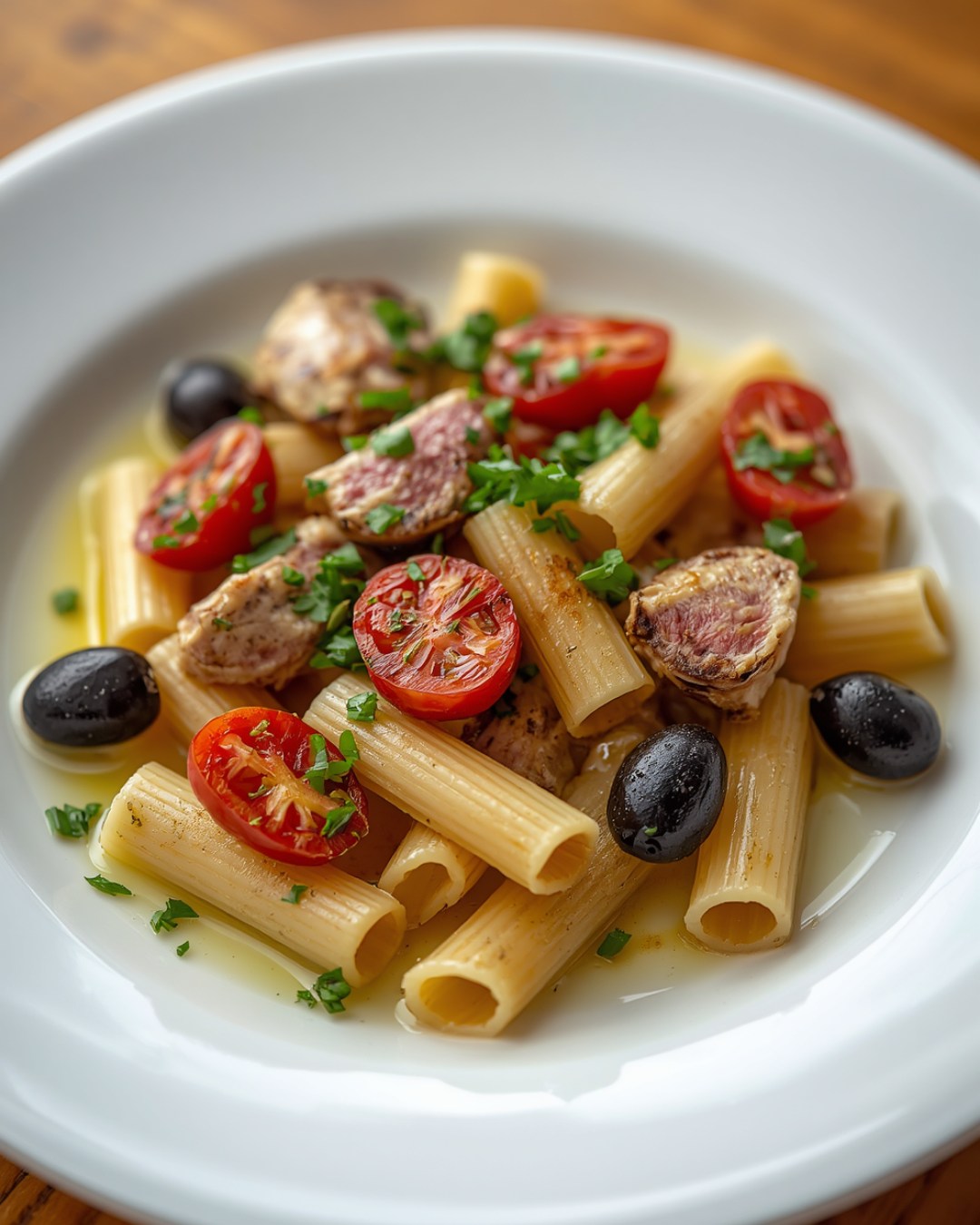 Rigatoni con Tonno Fresco, Olive Nere e Pomodorini